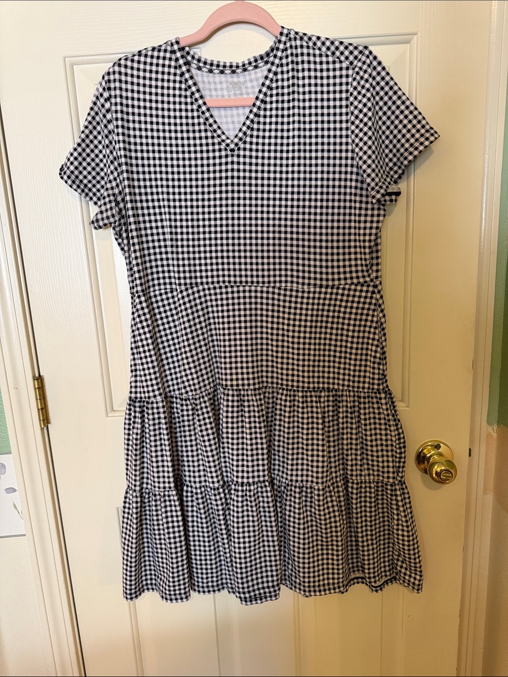 Lands' End Black and White Gingham Tiered V‑Neck Dress